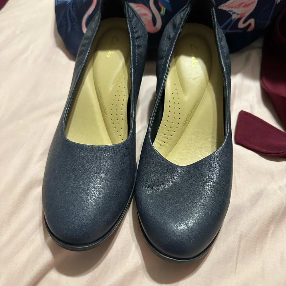 Clarks Navy Leather Women's Slip-On Heels